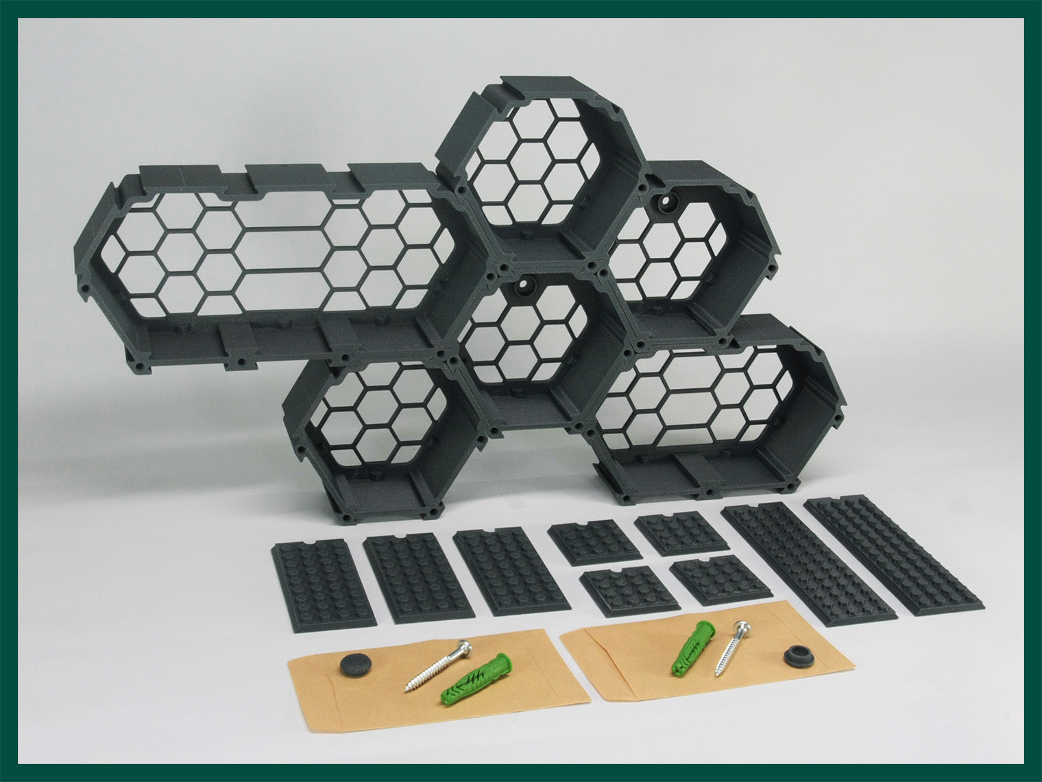 FAVO F.1 Starter Set display - hex modules arranged on wall in Astro Gray colour